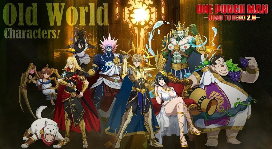 A screenshot of the mobile game One-Punch Man: Road to Hero 2.0 featuring various characters from the series engaged in battle.