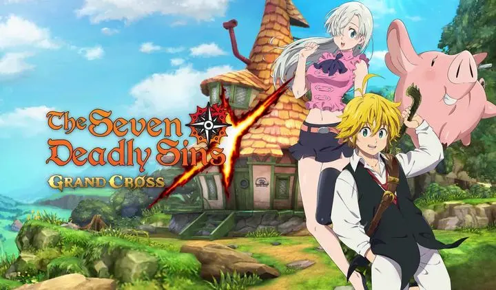 Characters from The Seven Deadly Sins Grand Cross in an anime-style battle scene