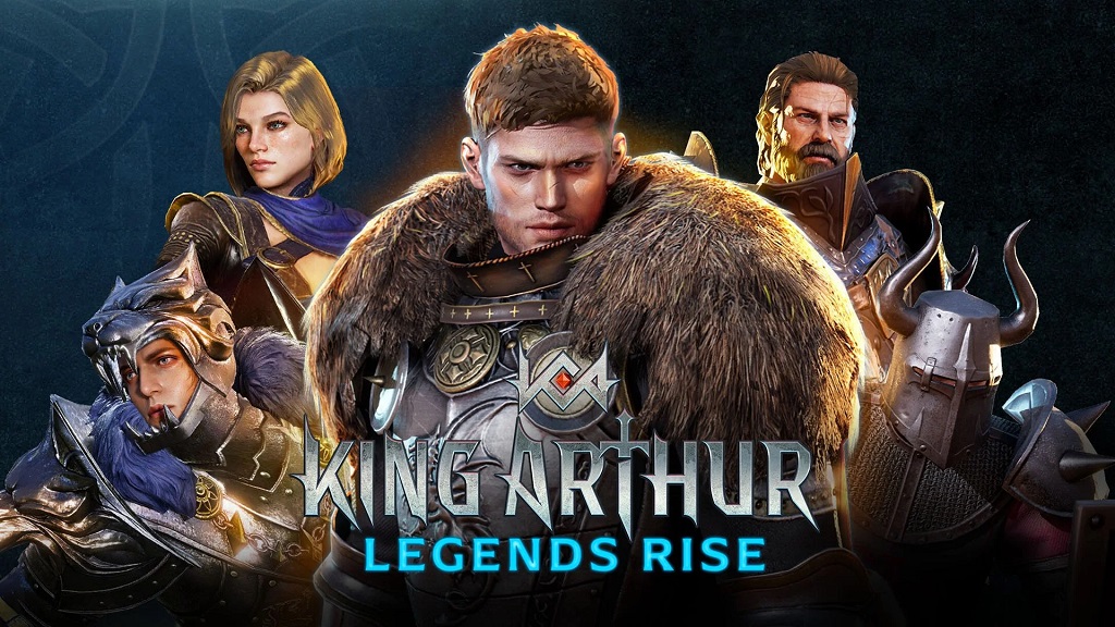 Screenshot from King Arthur Legends Rise, featuring King Arthur and his allies in battle against powerful mythical enemies in a medieval fantasy world.
