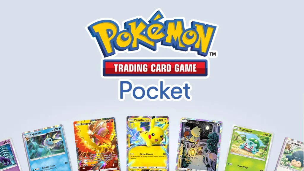 Screenshot of Pokémon TCG Pocket mobile game showing card collections, immersive card illustrations, and options for casual battles with friends.