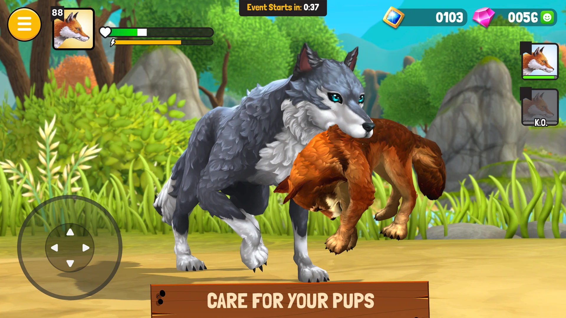 Animal Kingdoms Wild Sim MMO Gift Codes: Wolves, lions, and foxes exploring a lush forest.