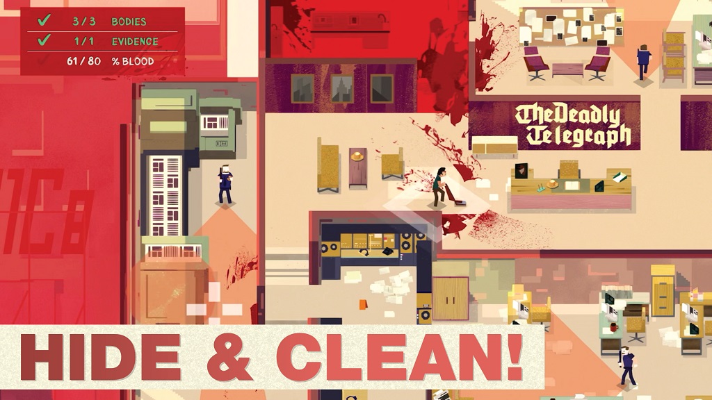 Serial Cleaner Gift Codes game scene showing Bob sneaking past police officers in a retro-styled 1970s crime scene.