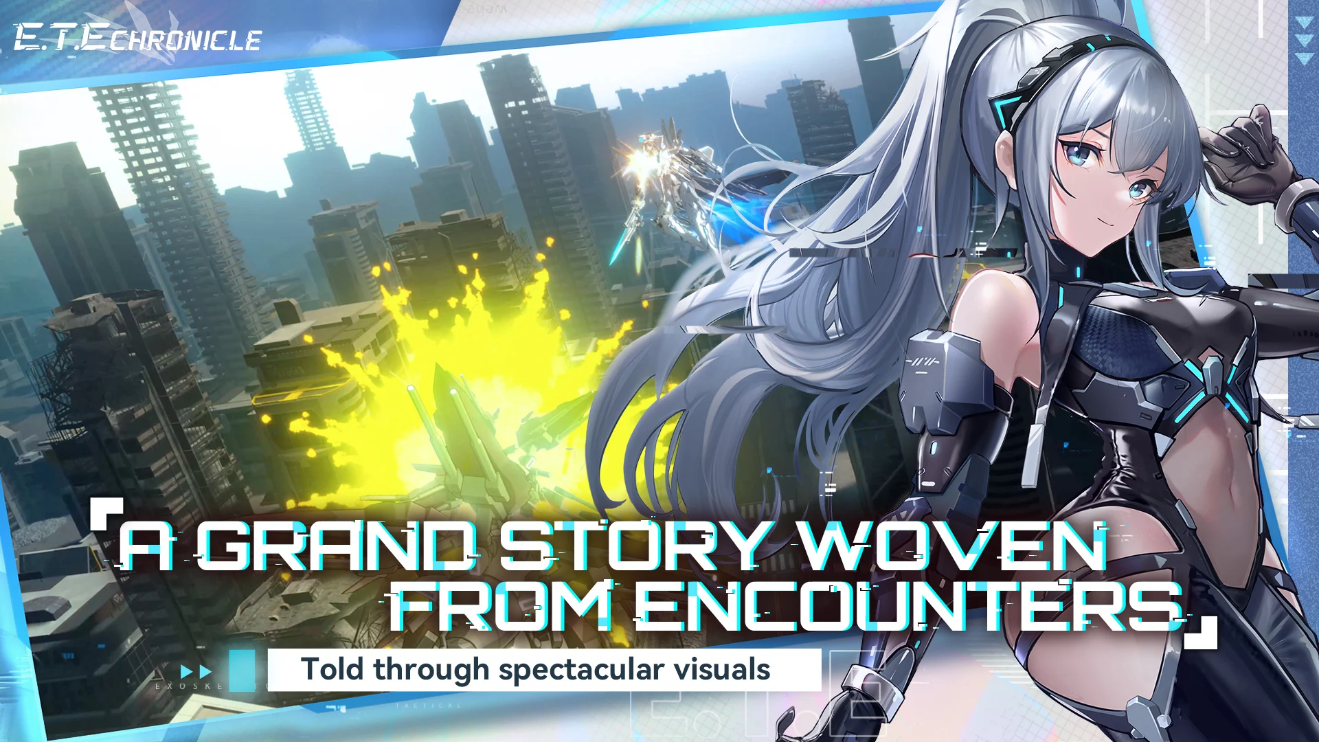E.T.E Chronicle Gift Codes. Futuristic battle scene featuring advanced exoskeletons and orbital warfare.